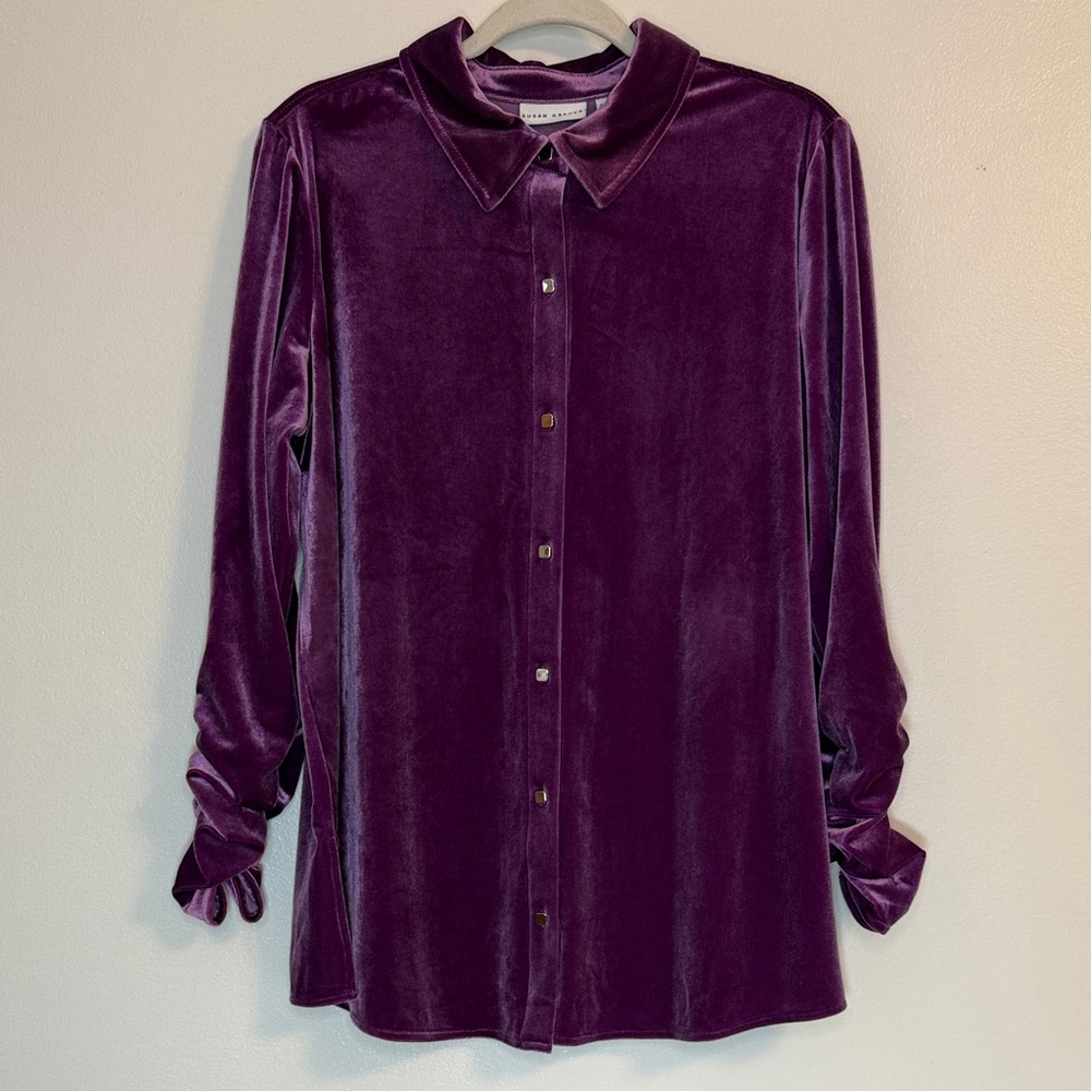 Susan Graver Plum Orchid Knit Velvet Button-Down Shirt